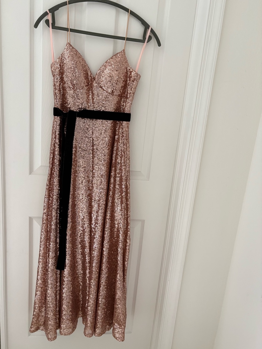 “Forever Unique” by ASOS Sequin Evening Dress Velvet Waist Tie Rose Gold